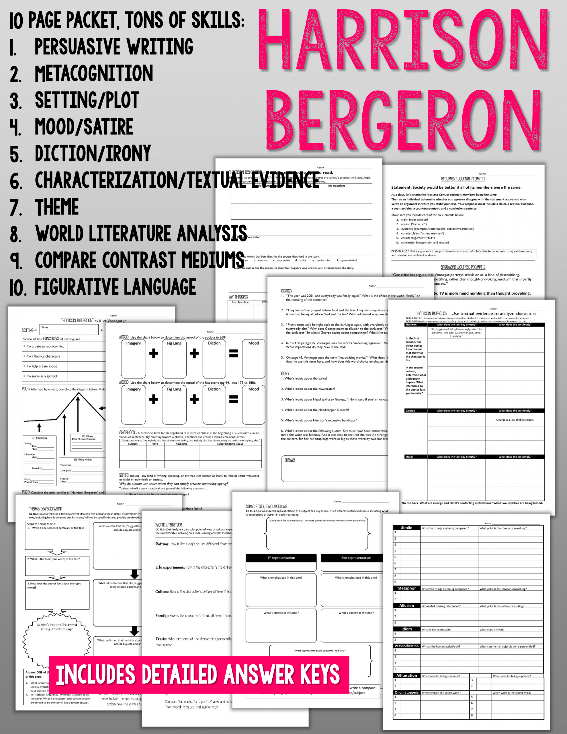 10 &amp;quot;harrison Bergeron&amp;quot; Ccss Skills Pages | Harrison Bergeron