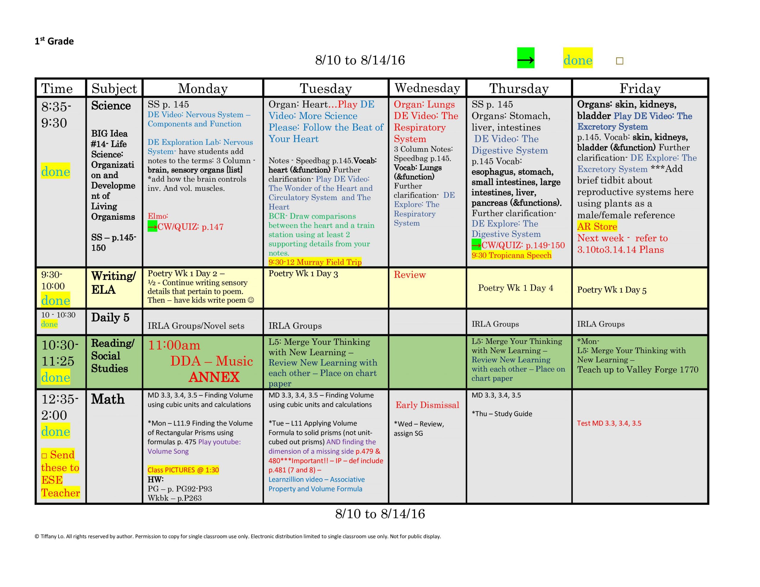 1St First Grade Lesson Plan Template: One Week, One Page Glance Of All  Subjects With Common Core Standards Lists