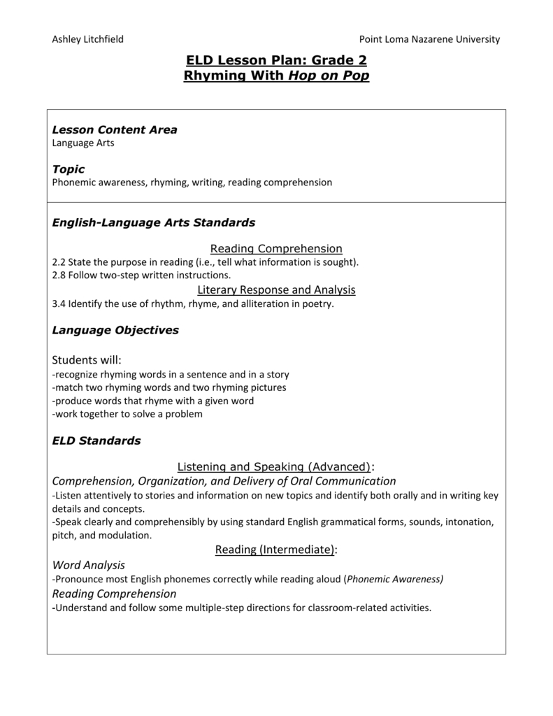 2Nd Grade Eld Lesson Plan Rhyming