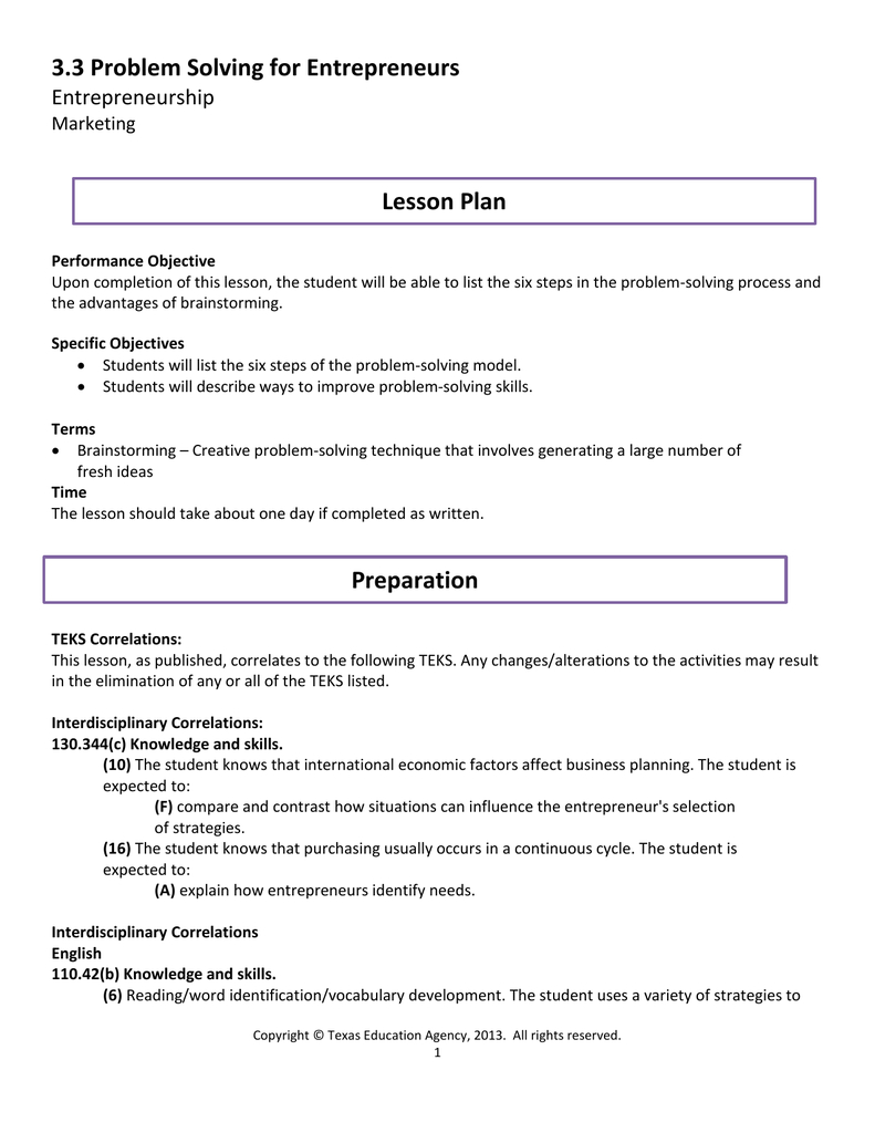 3.3 Problem Solving For Entrepreneurs Lesson Plan