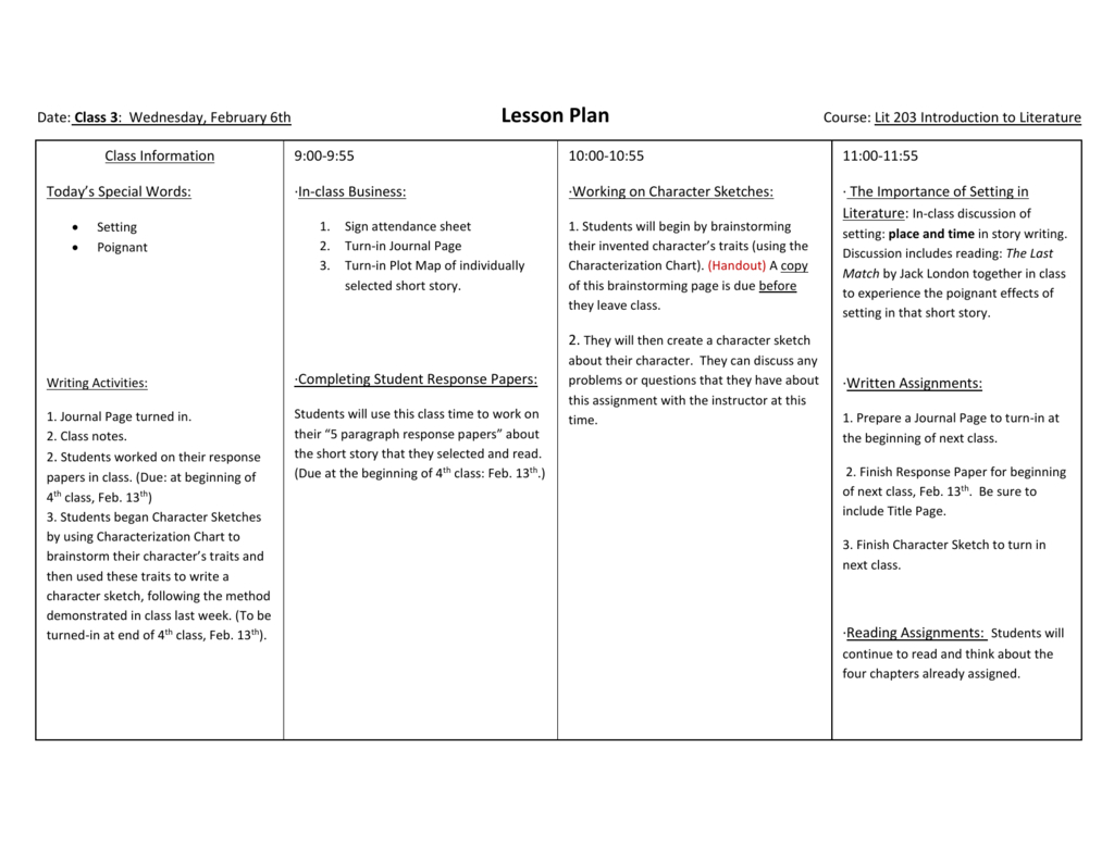 3Rd Class Lit 203 Feb. 6Th Lesson Plan