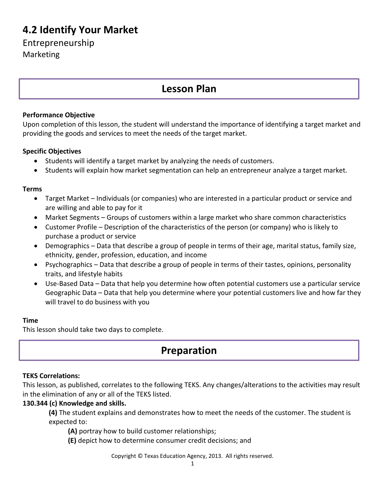 4.2 Identify Your Market Lesson Plan Entrepreneurship Marketing