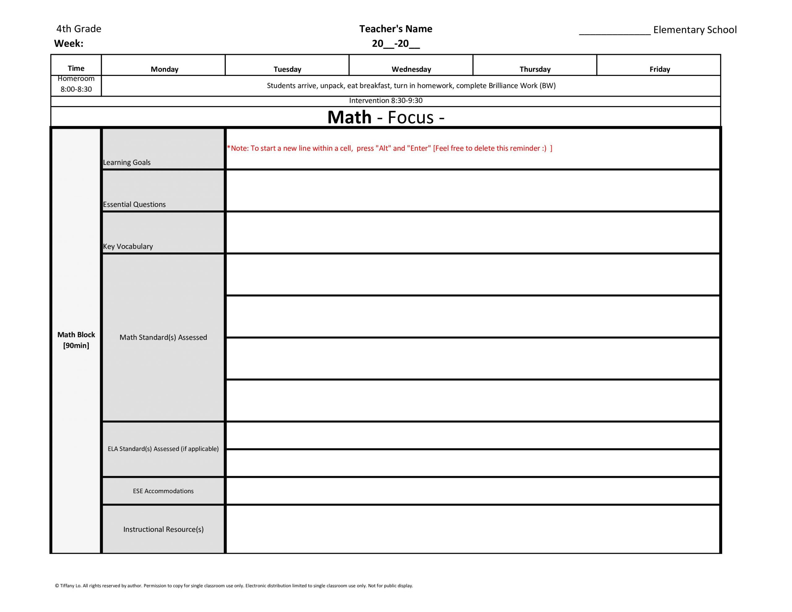 4Th Fourth Grade Weekly Lesson Plan Template W/ Florida Standards Drop Down  Lists