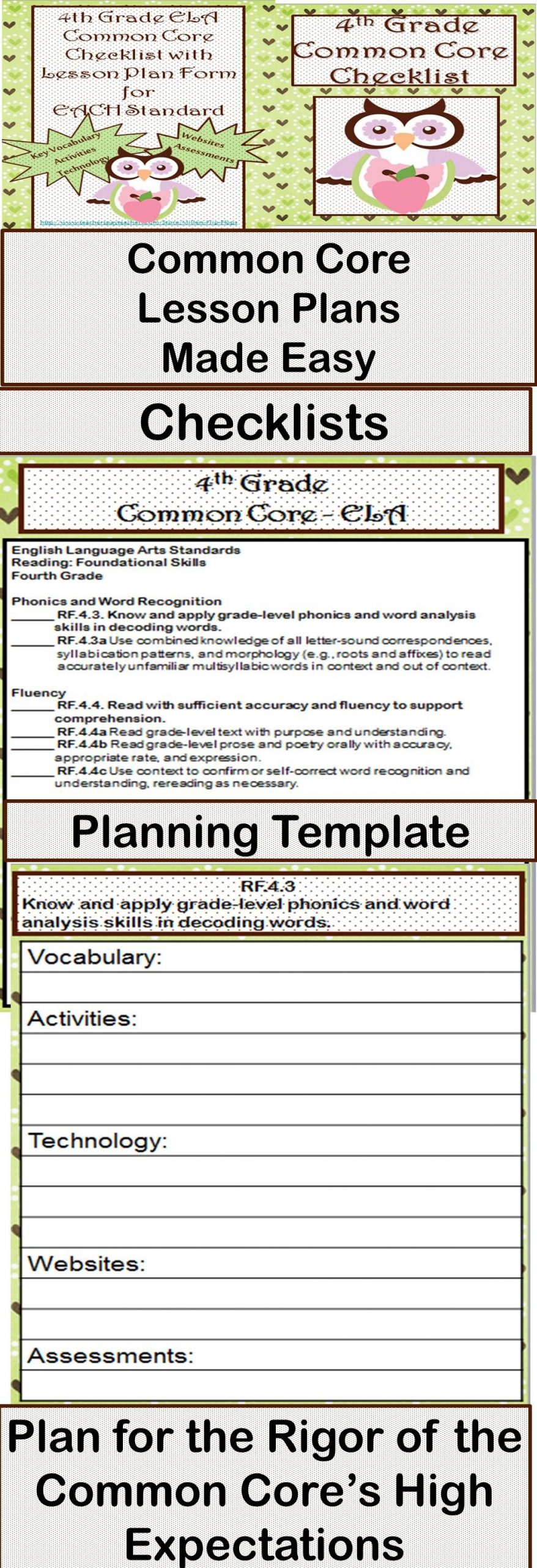4Th Grade Ela Common Core Checklist - Lesson Planning Form