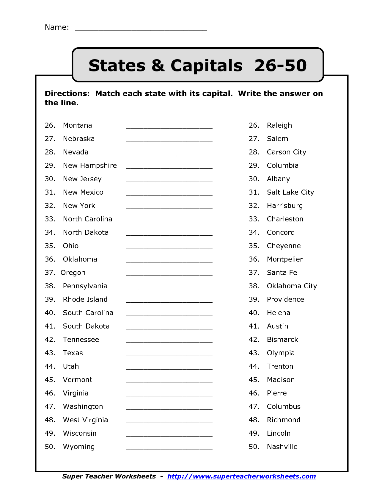 50 States Capitals List Printable Back To School Pinterest