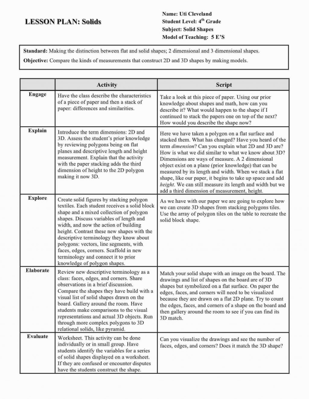 5E Lesson Plan Model Example Science English 4Th Grade