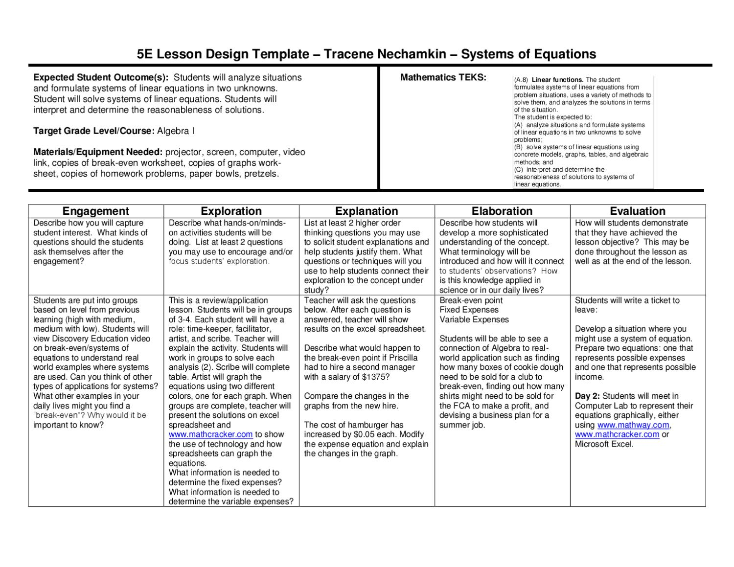 5E Lesson Plan Systems Of Equationswylie East High