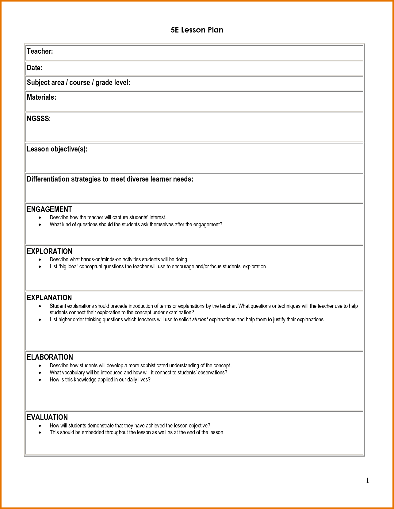 5E Student Lesson Planning Template - Download As Doc