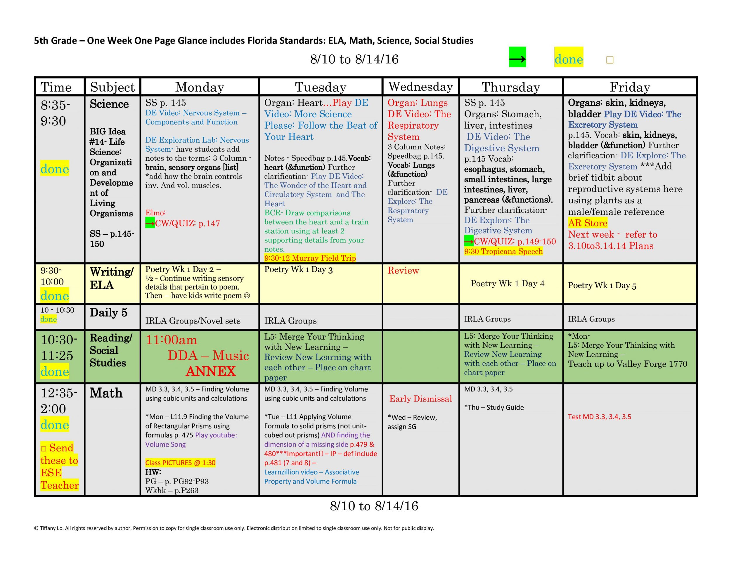 5Th Fifth Grade Florida Standards Weekly Lesson Plan Template: 1 Week 1  Glance
