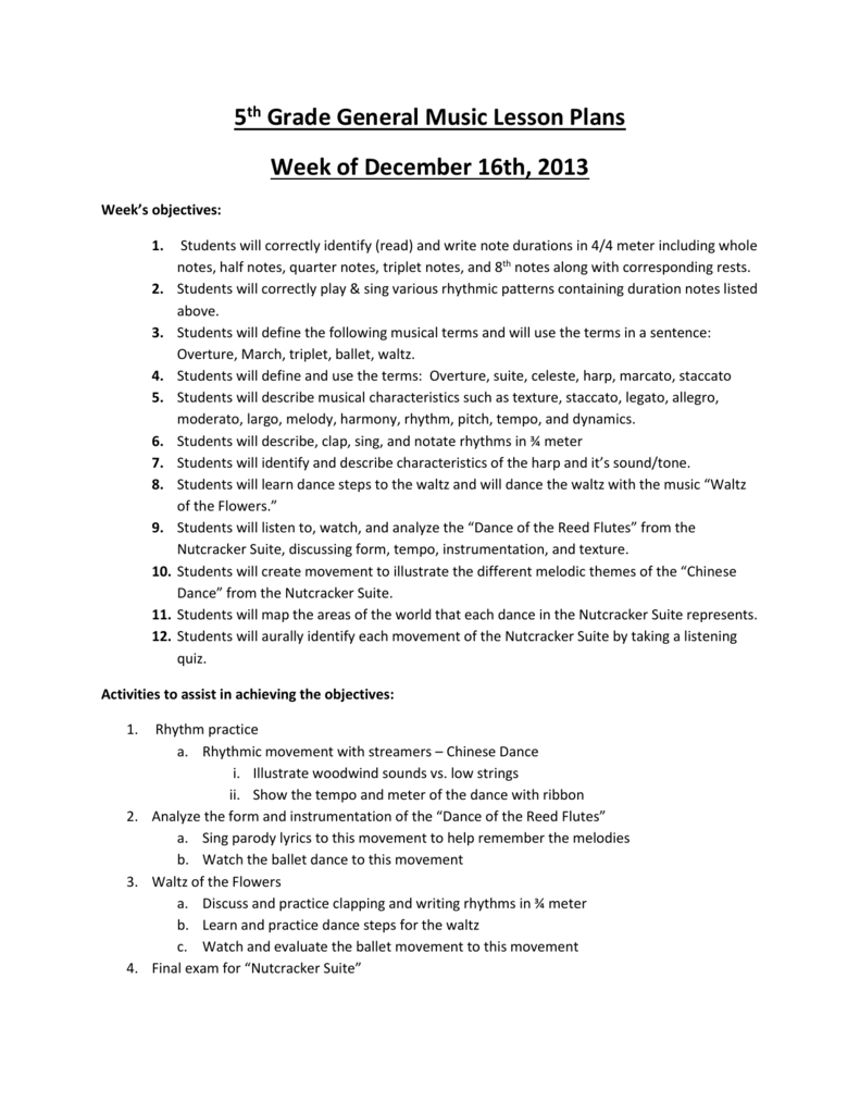 5Th Grade General Music Lesson Plans Week Of 12-16-13