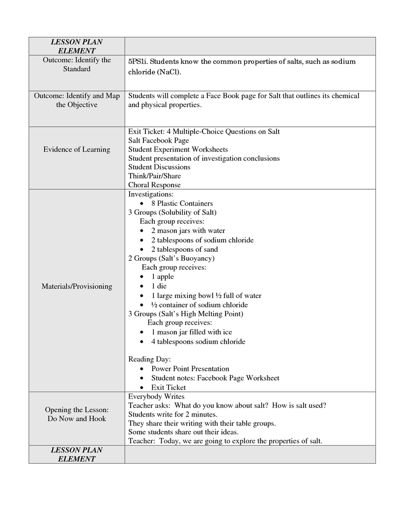 5Th Grade Lesson Plan-Properties Of Salt | Lesson Plan