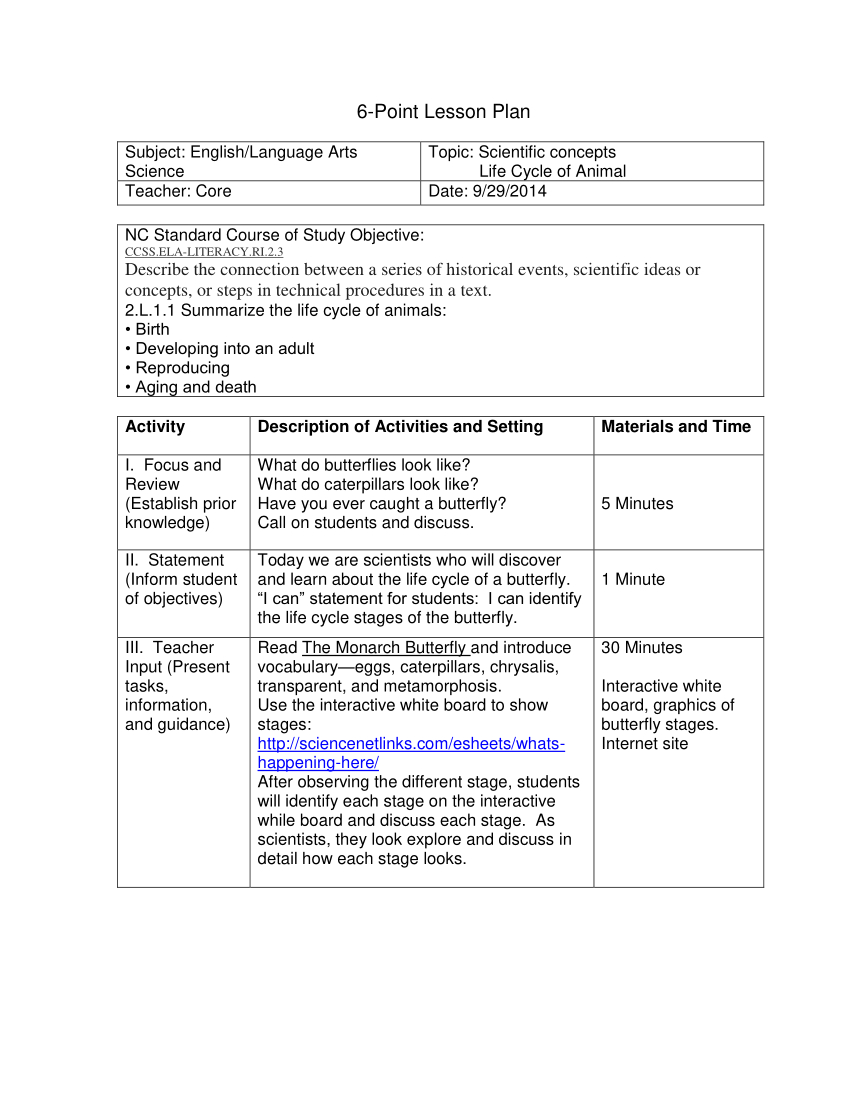 6 Point Lesson Plan Sample - Butterfly | Science Life Cycles