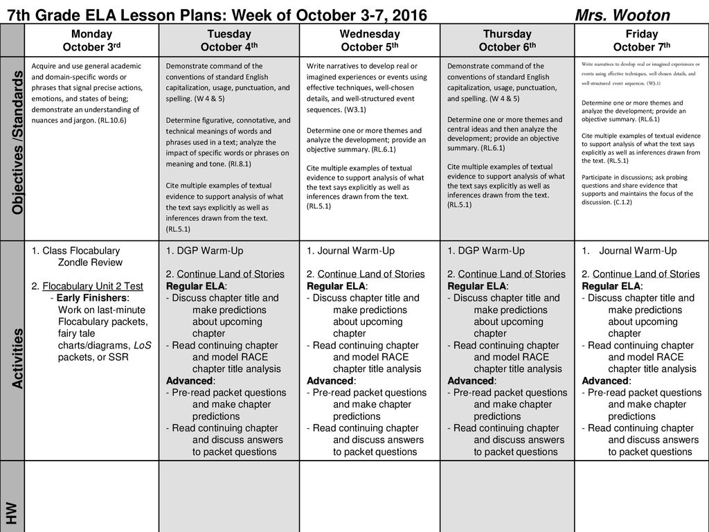 7Th Grade Ela Lesson Plans: Week Of October 3-7, 2016 Mrs