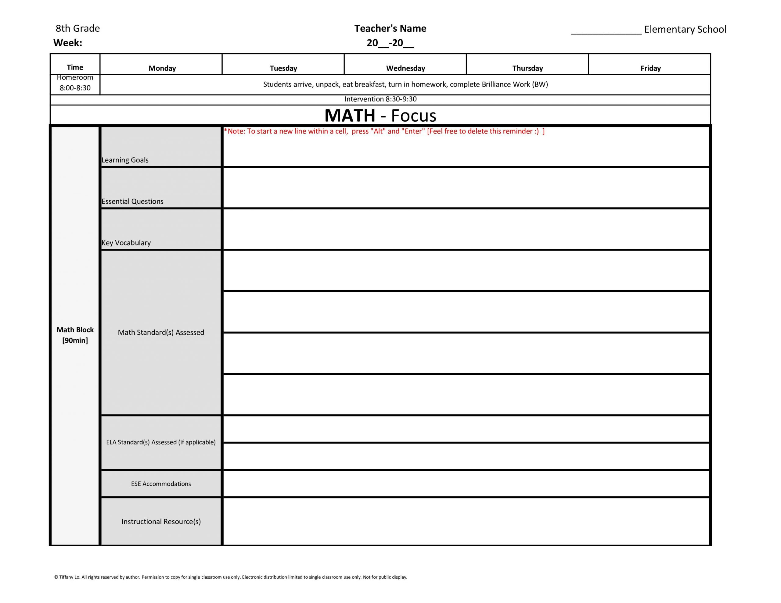 8Th Eighth Grade Common Core Weekly Lesson Plan Template W/ Drop Down Lists