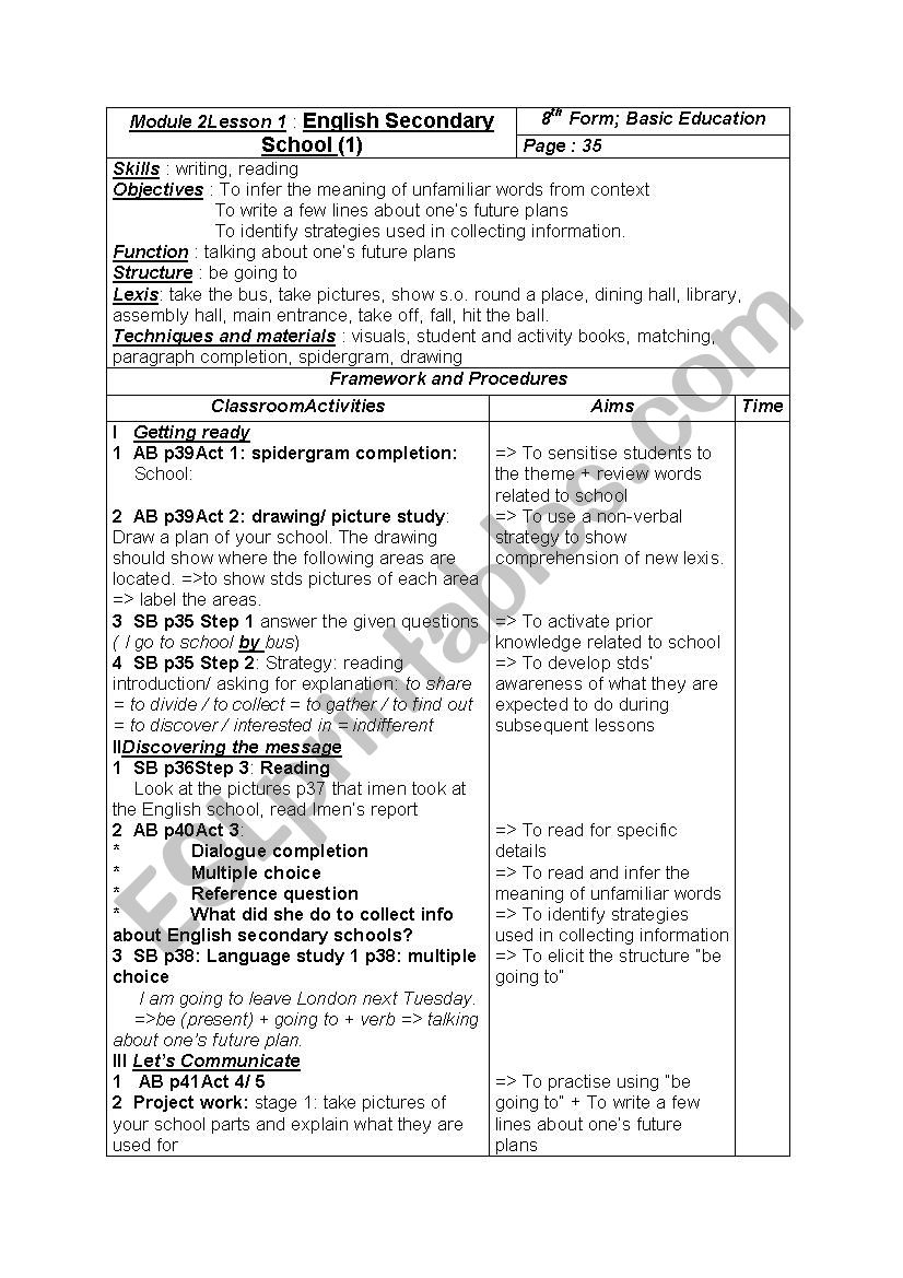 8Th Form Lesson Plan English Secondary School 1 - Esl