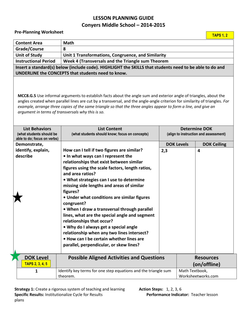 8Th Grade Lesson Plan - Week Of 8