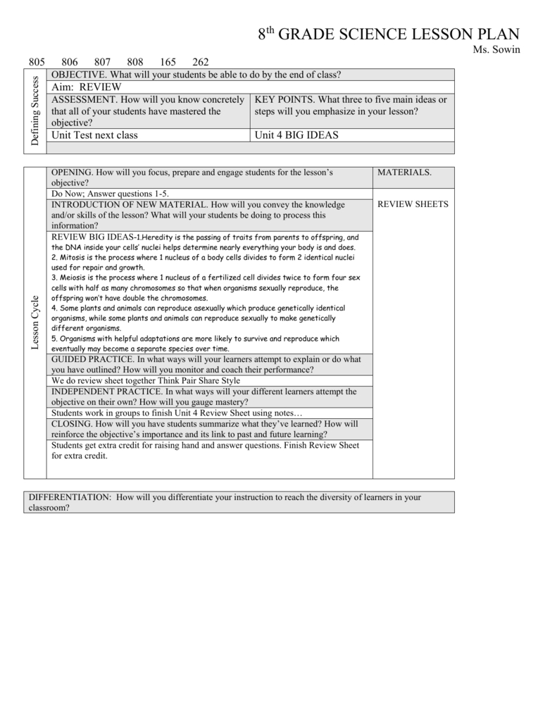 8Th Grade Science Lesson Plan - Science339