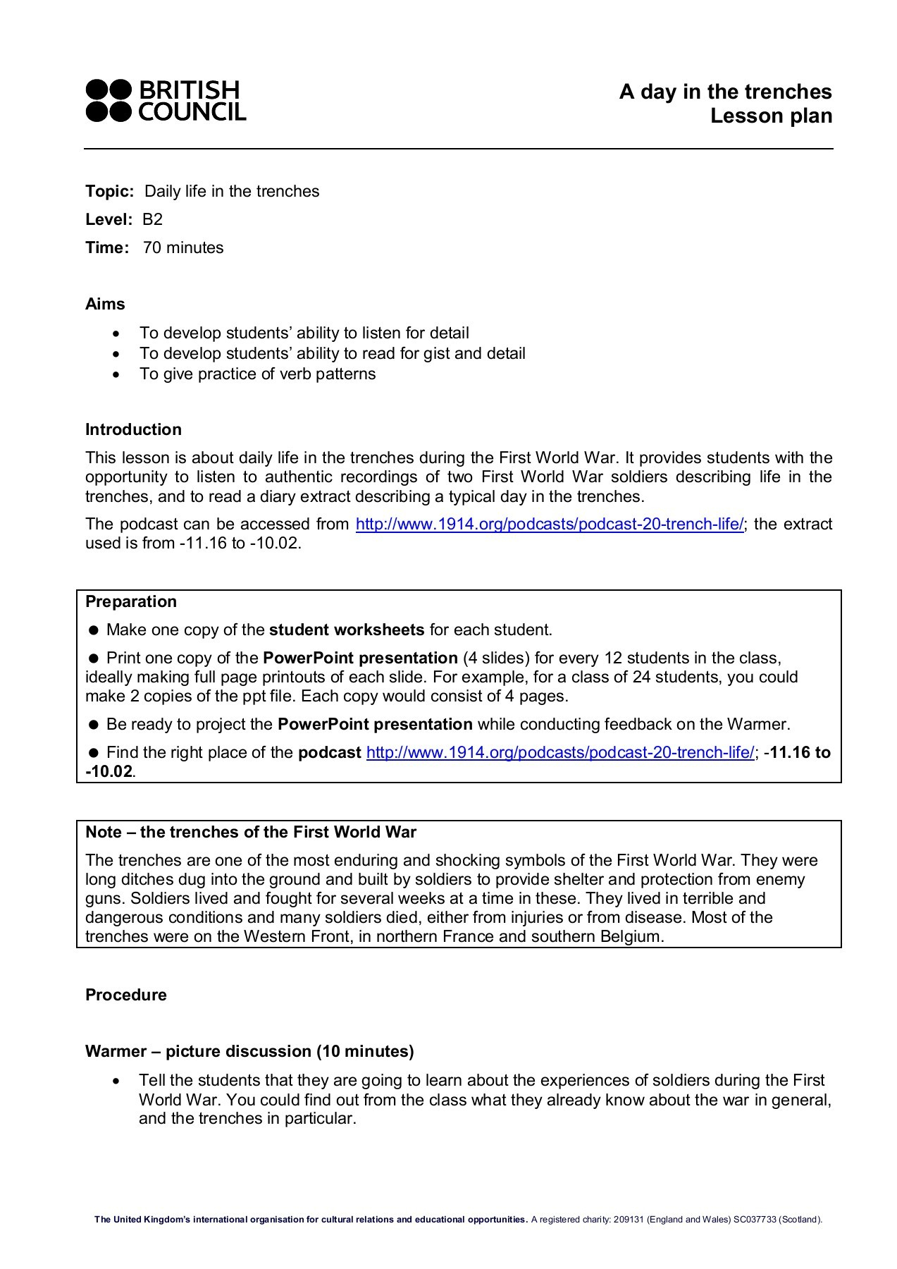 A Day In The Trenches Lesson Plan - British Council Pages 1