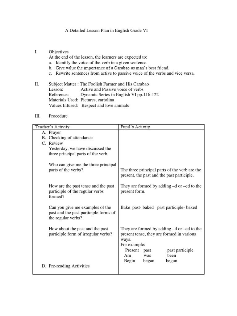 A Detailed Lesson Plan In English Grade Vi | Verb | Lesson