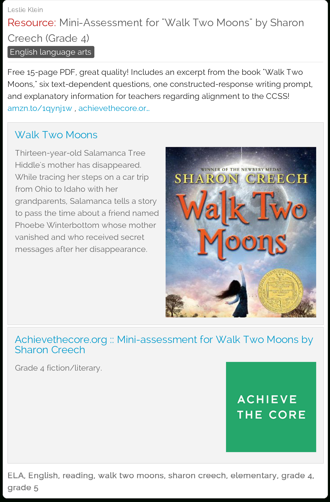 Achieve The Core: Mini-Assessment For &amp;quot;walk Two Moons&amp;quot;