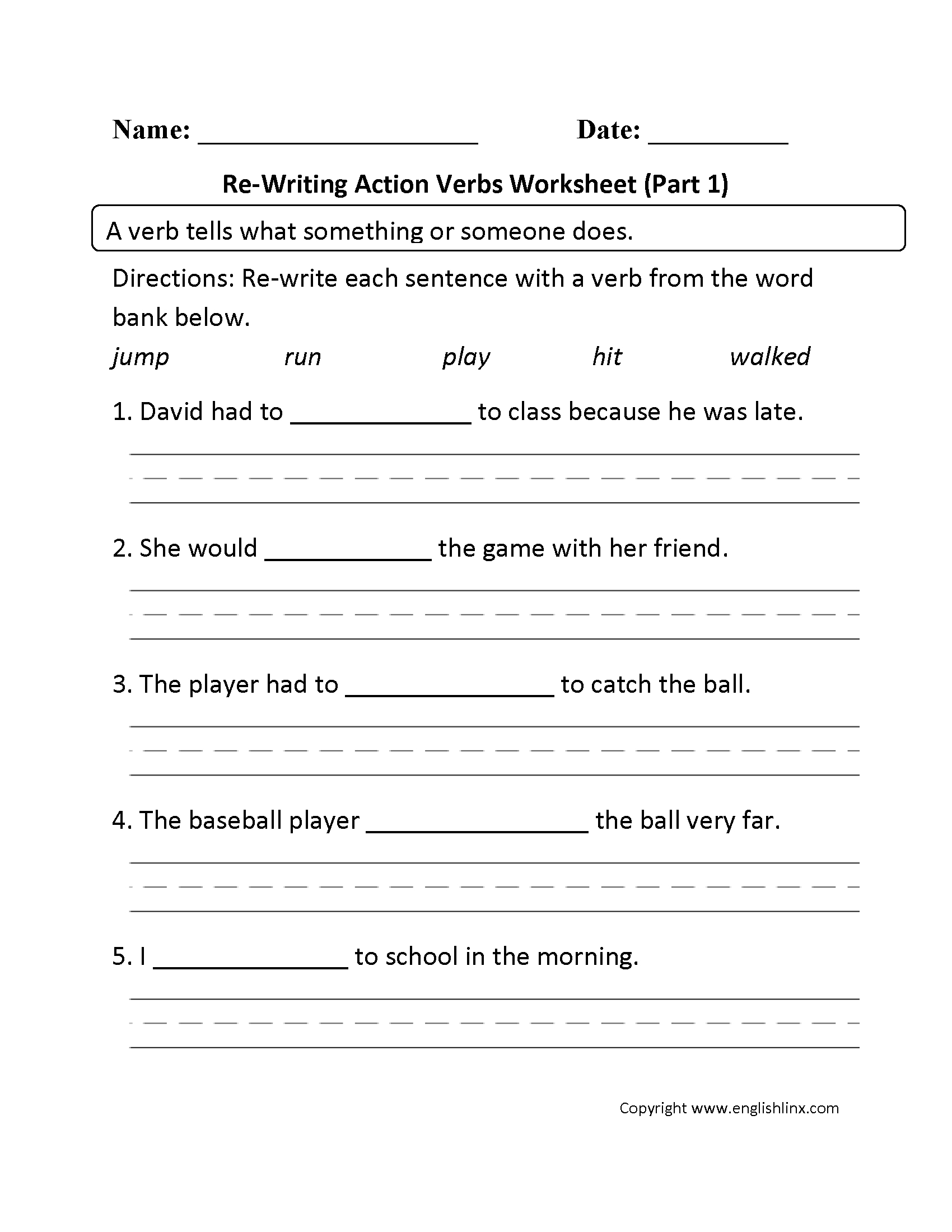 Action Verbs Worksheets | Re-Writing Action Verbs Worksheet