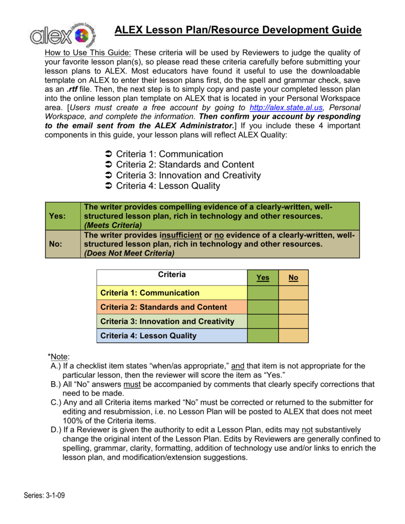 Alex Lesson Plan Criteria