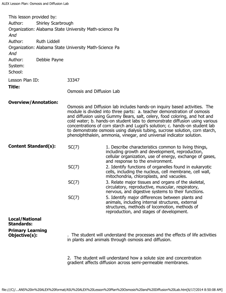 Alex Lesson Plan: Osmosis And Diffusion Lab