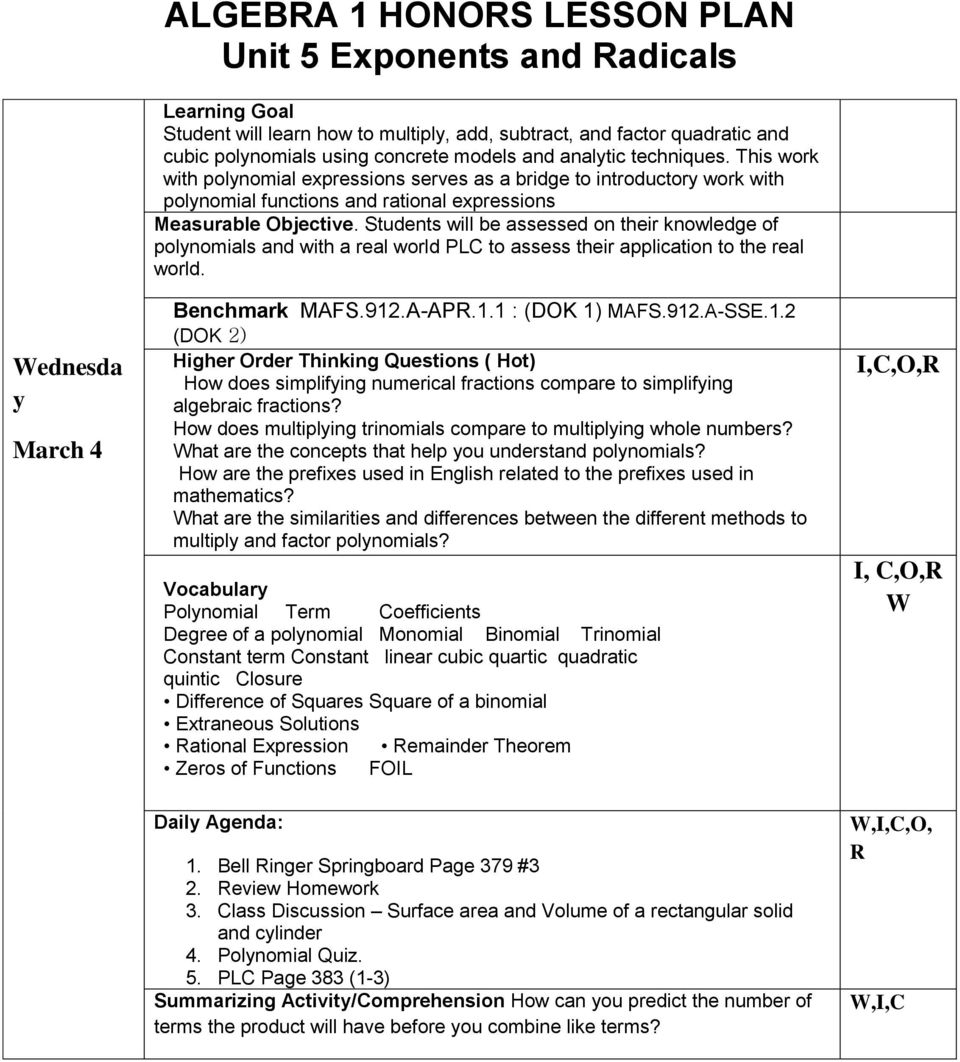 Algebra 1 Honors Lesson Plan Unit 5 Exponents And Radicals