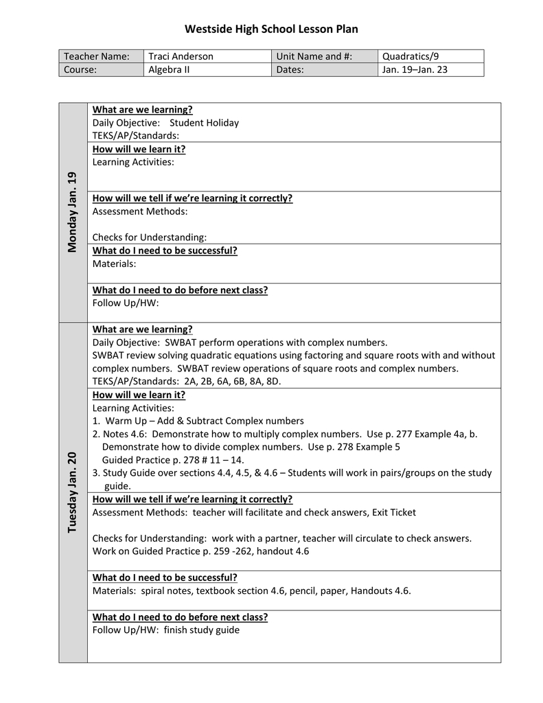 Algebra 2 Lesson Plan Jan. 19 - 23