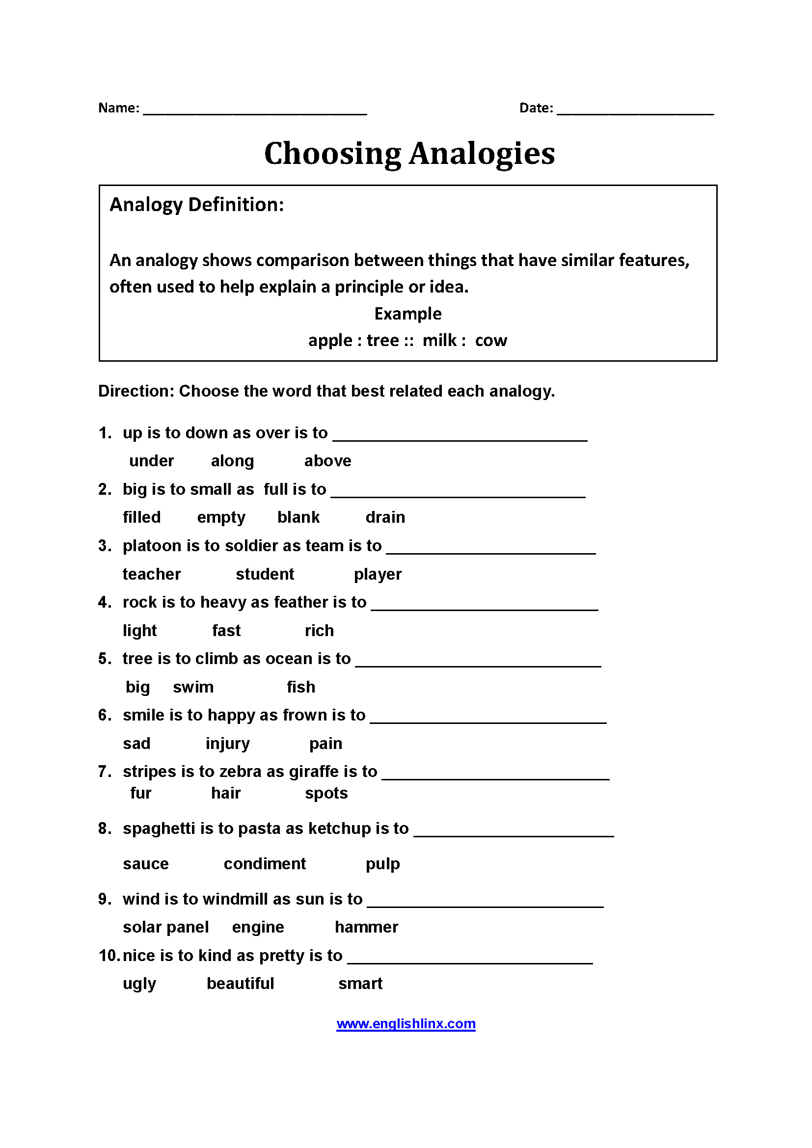 Analogy Worksheets | Analogy, Conjunctions Worksheet, Word