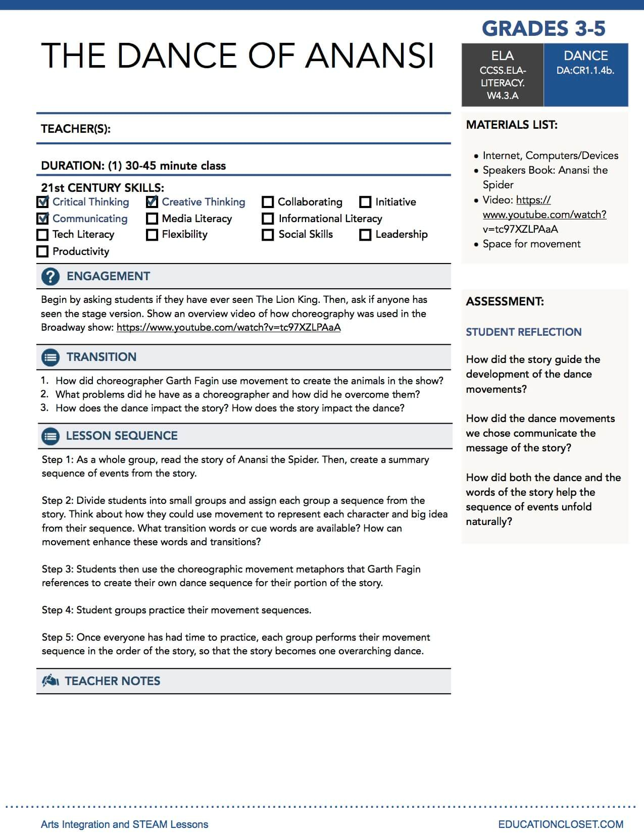 Anansi Lesson Plan | A Dance Lesson Plan | Educationcloset