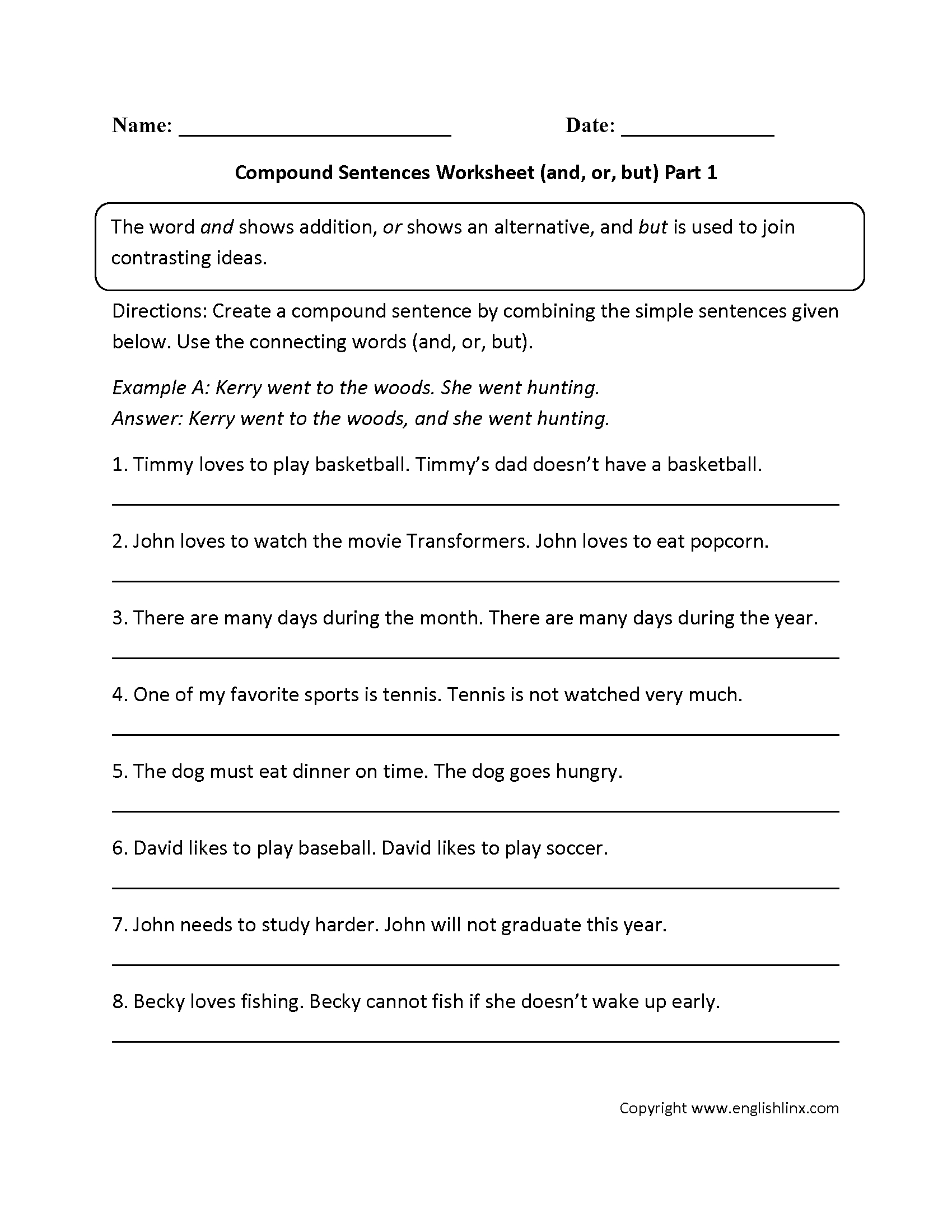 And, Or, And But Compound Sentences Worksheet | Compound