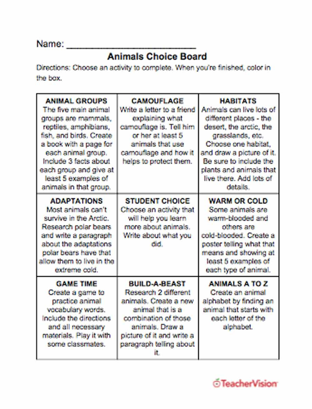 Animals Choice Board - Teachervision