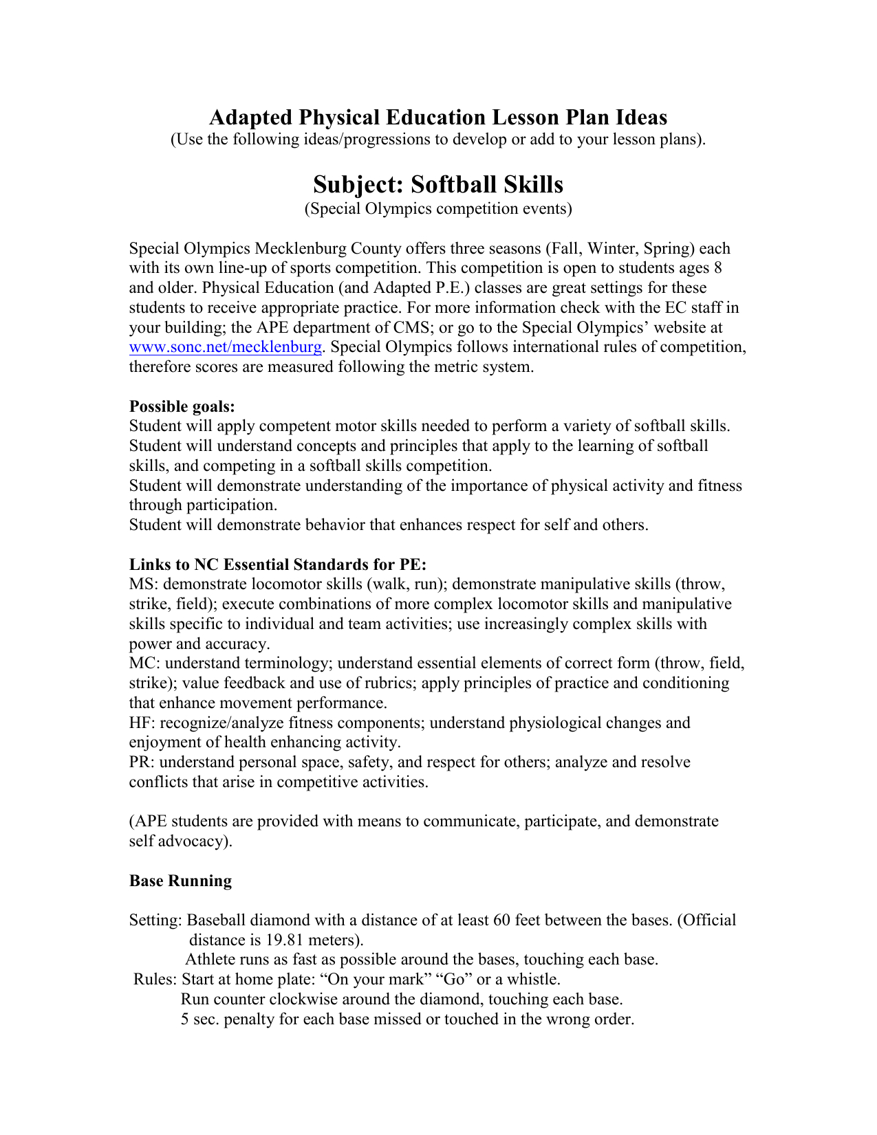 Ape Lesson Plan Ideas For Softball Skills