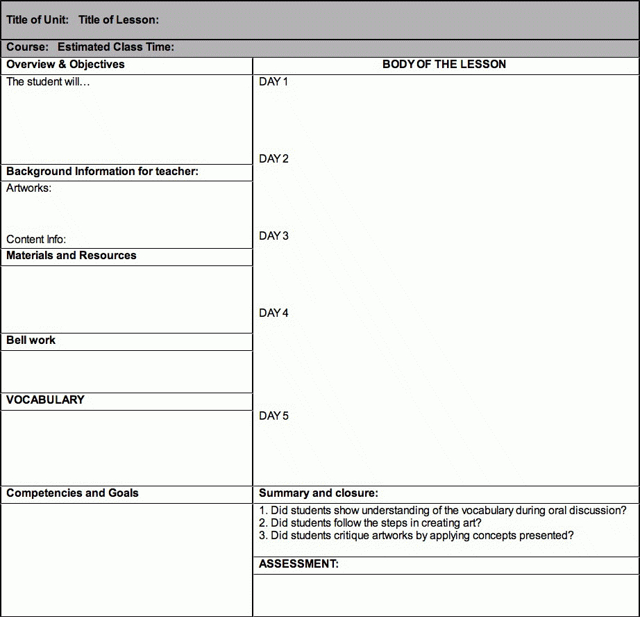 Art Lesson Plan Templates Below Is A Lesson Plan Template