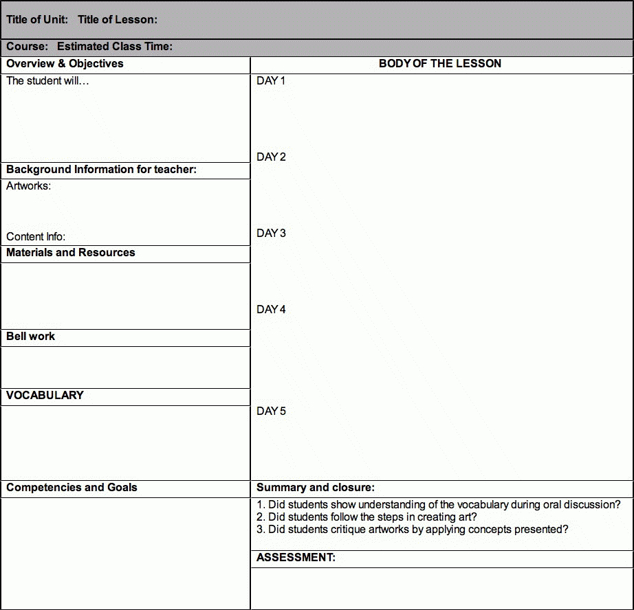 Art Lesson Plan Templates