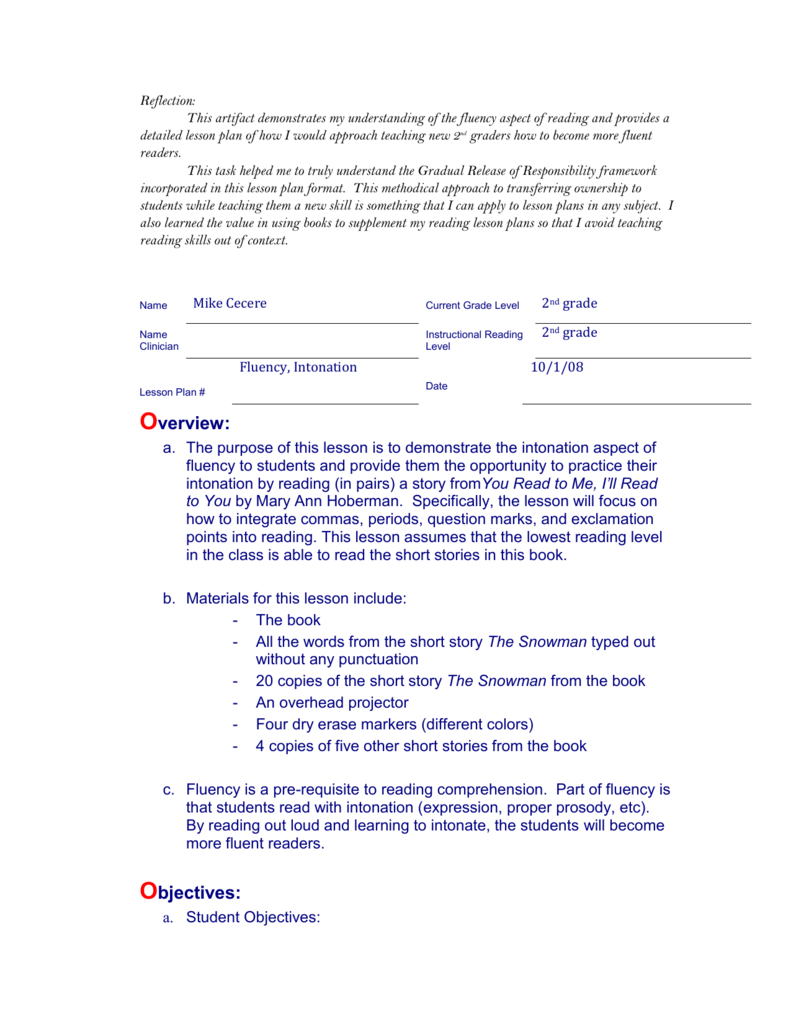 Artifact 2A.1 - Fluency Lesson Plan