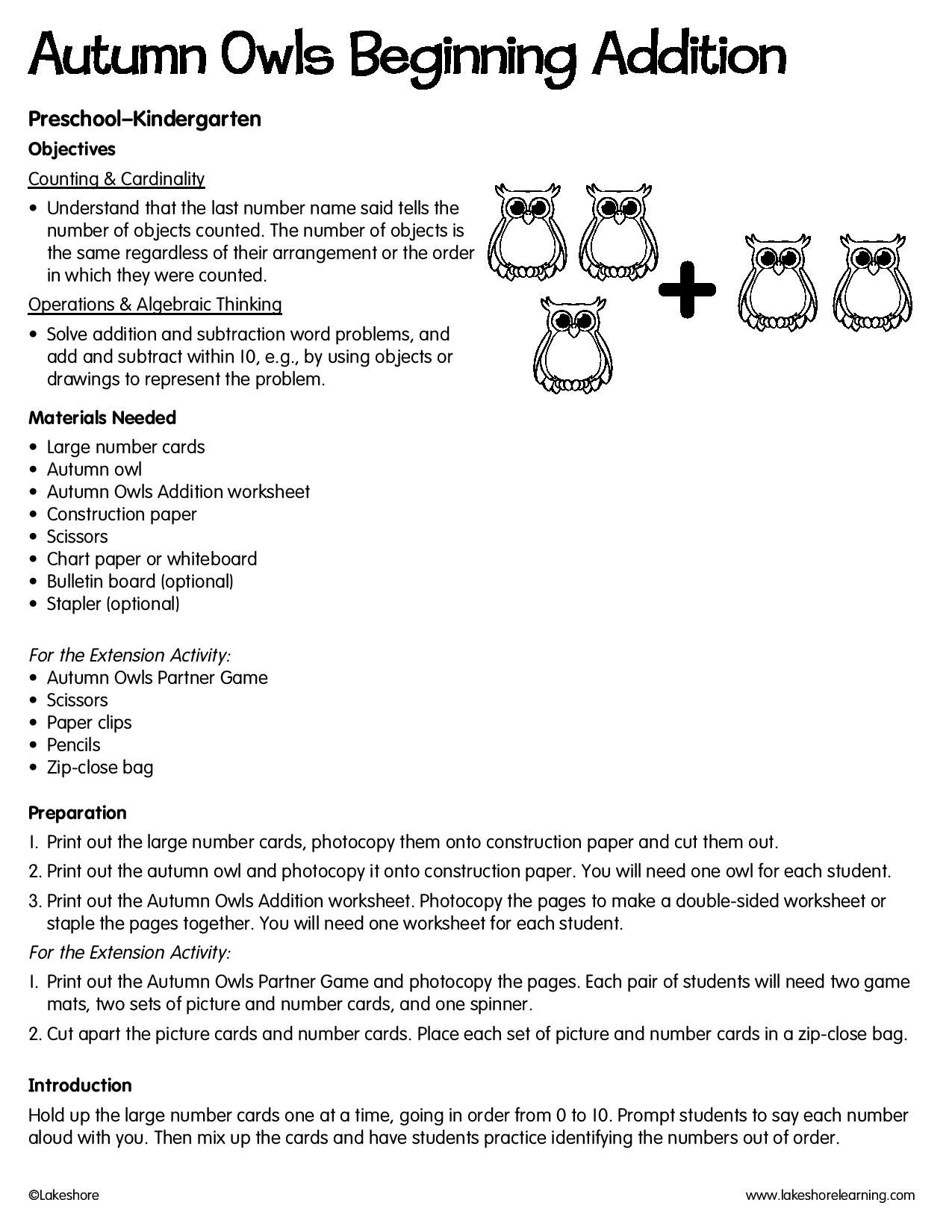 Autumn Owls Beginning Addition #lessonplan #math | Algebraic