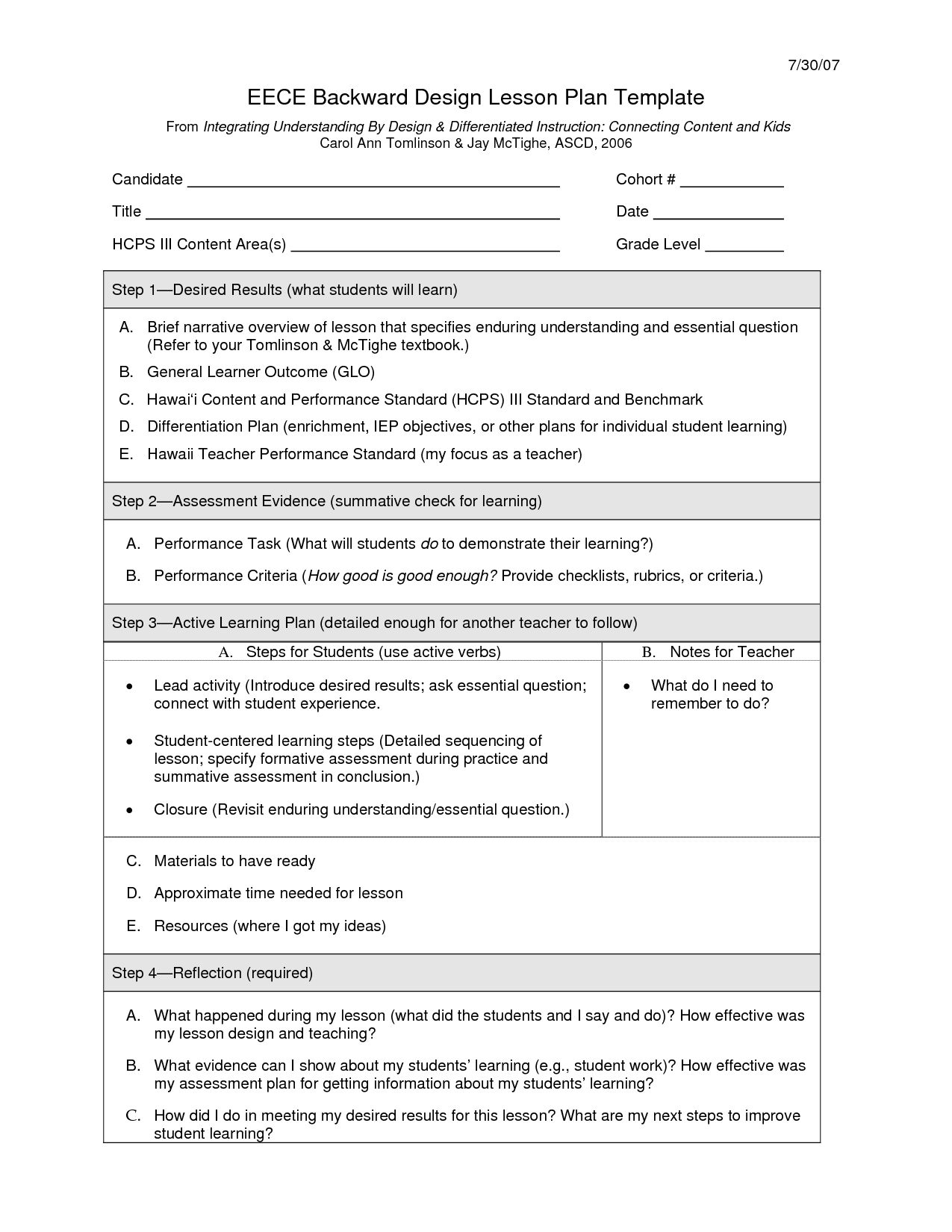 Backward Design Lesson Plan Example | Eece Backward Design