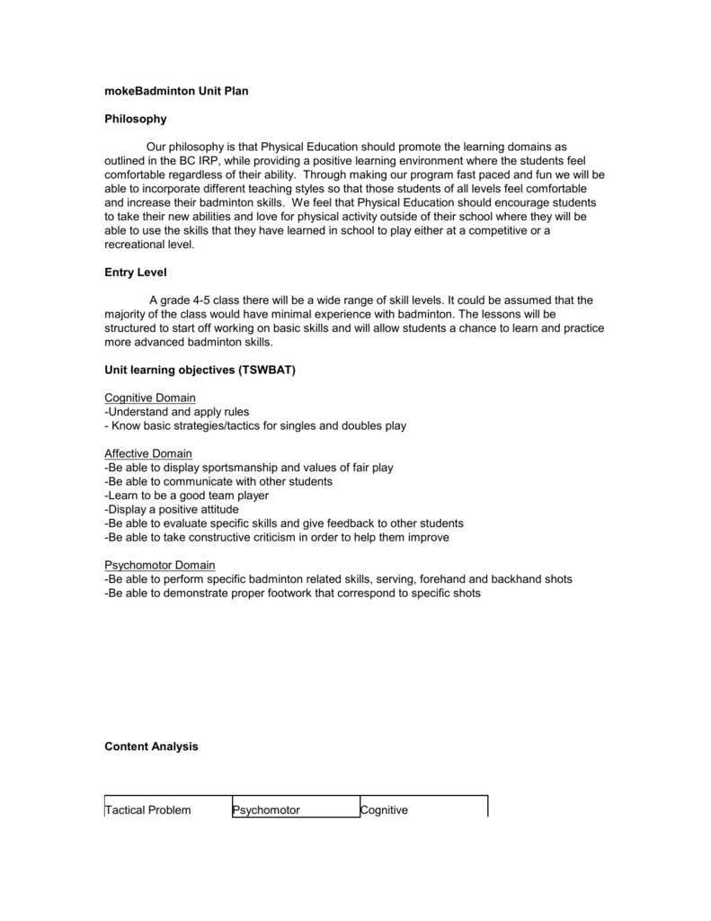 Badminton Unit Plan