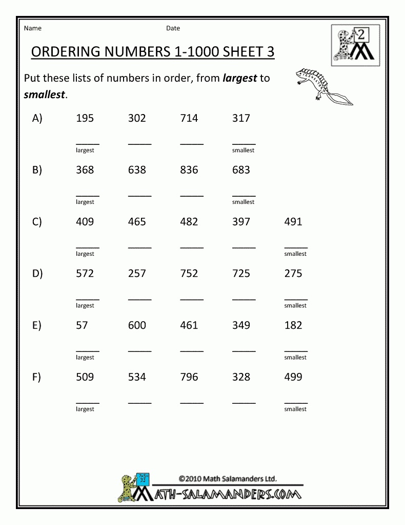Basic Math Worksheets 2 - Ordering Numbers To 1000