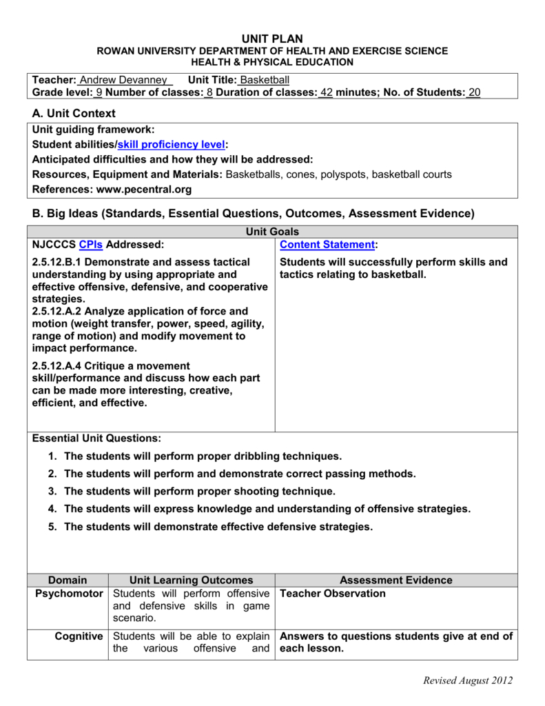 Basketball Unit Plan