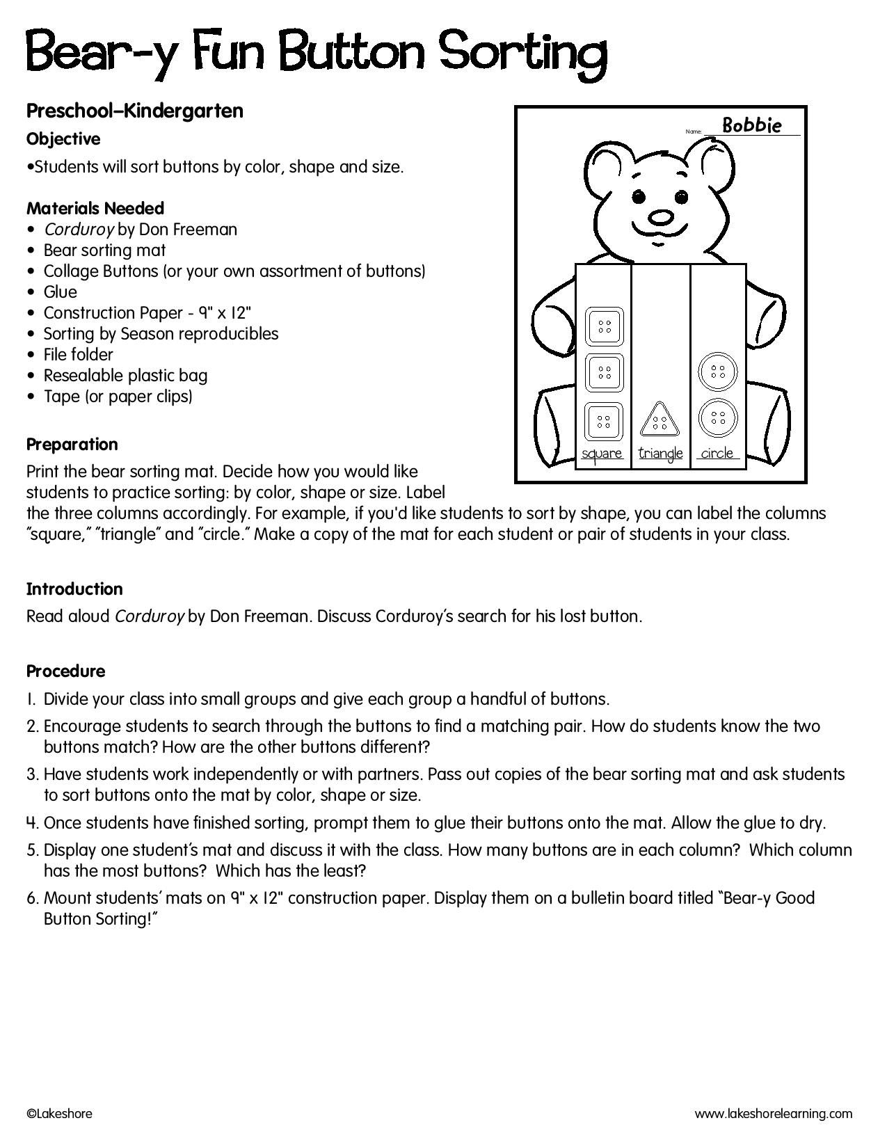 Bear-Y Fun Button Sorting #lessonplan | Free Lesson Plans