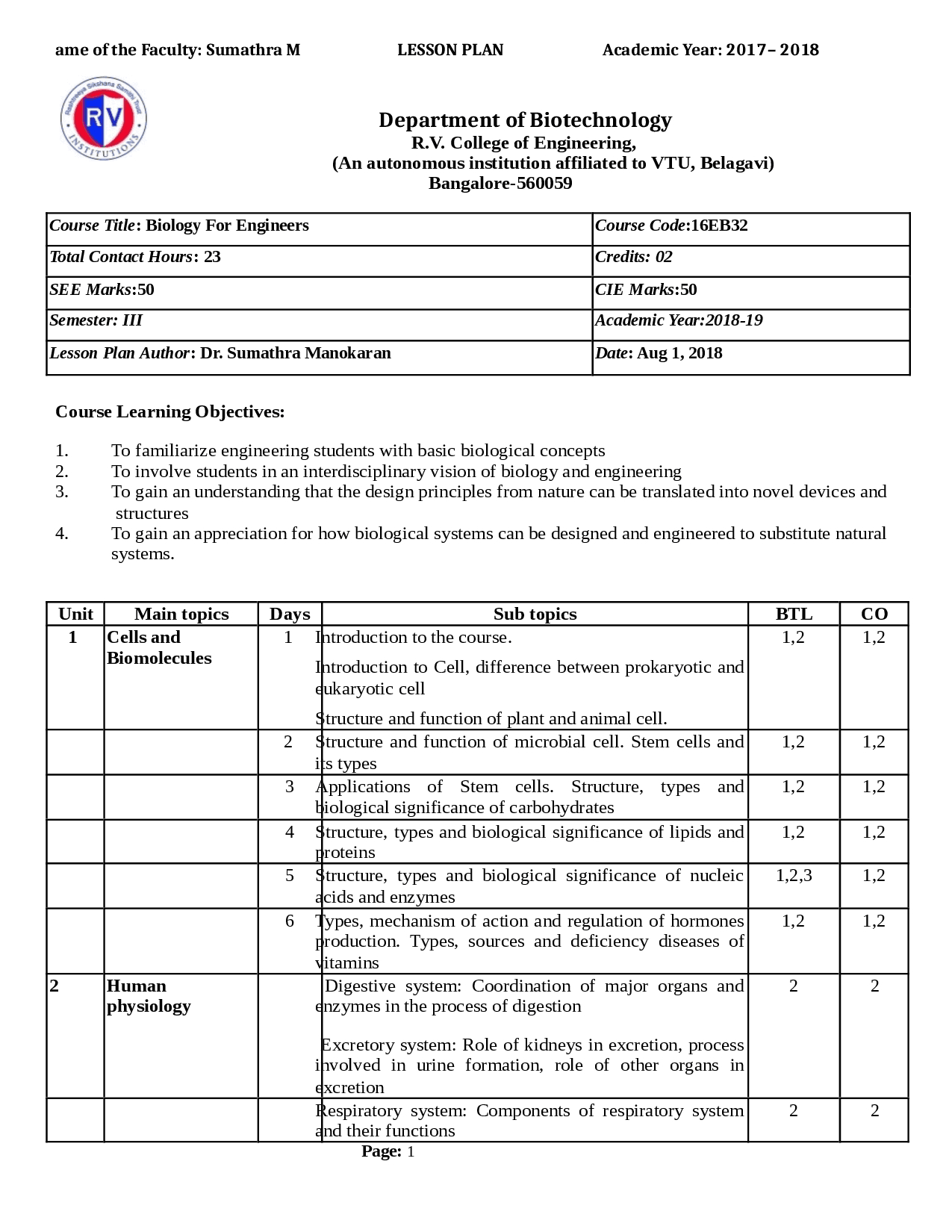 Biology For Engineering Lesson Plan - Docsity