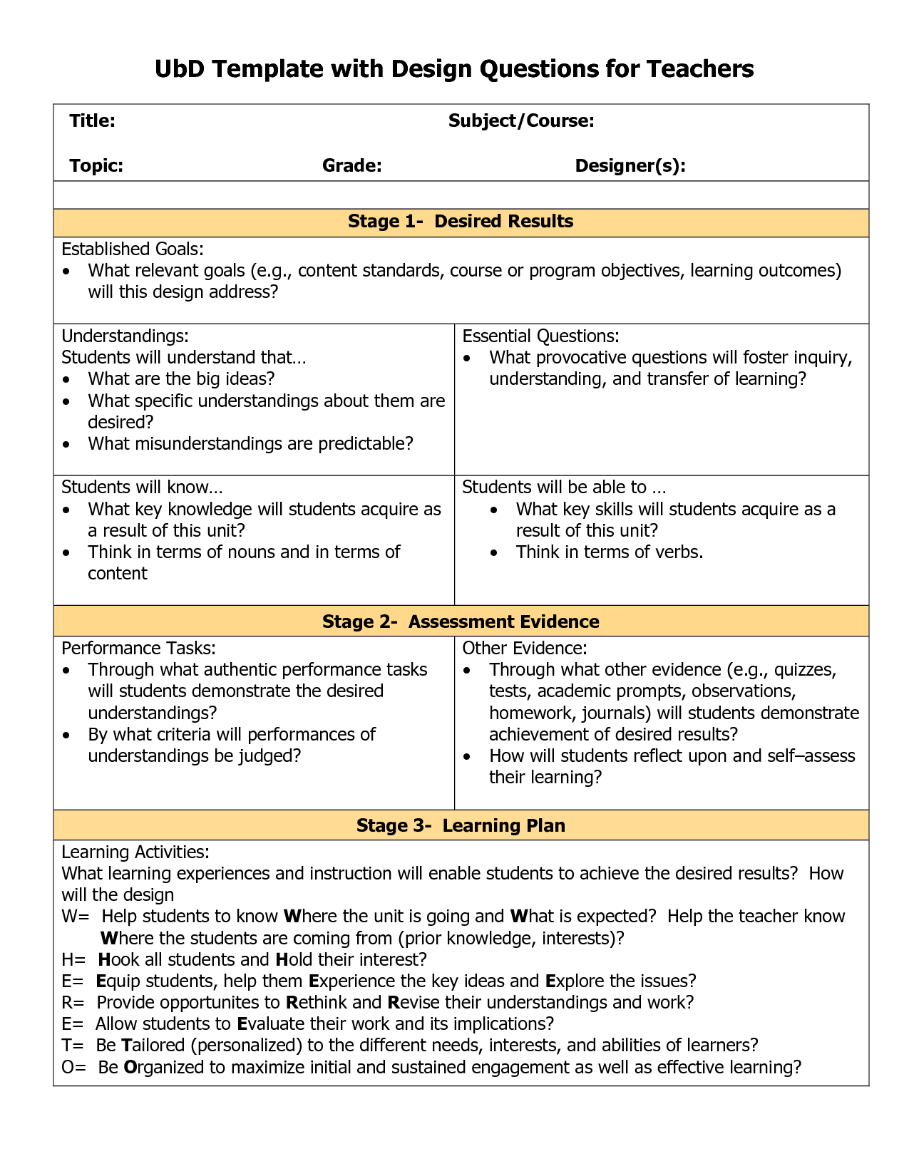 Blank Ubd Planning Template - Doc | Lesson Plan Templates