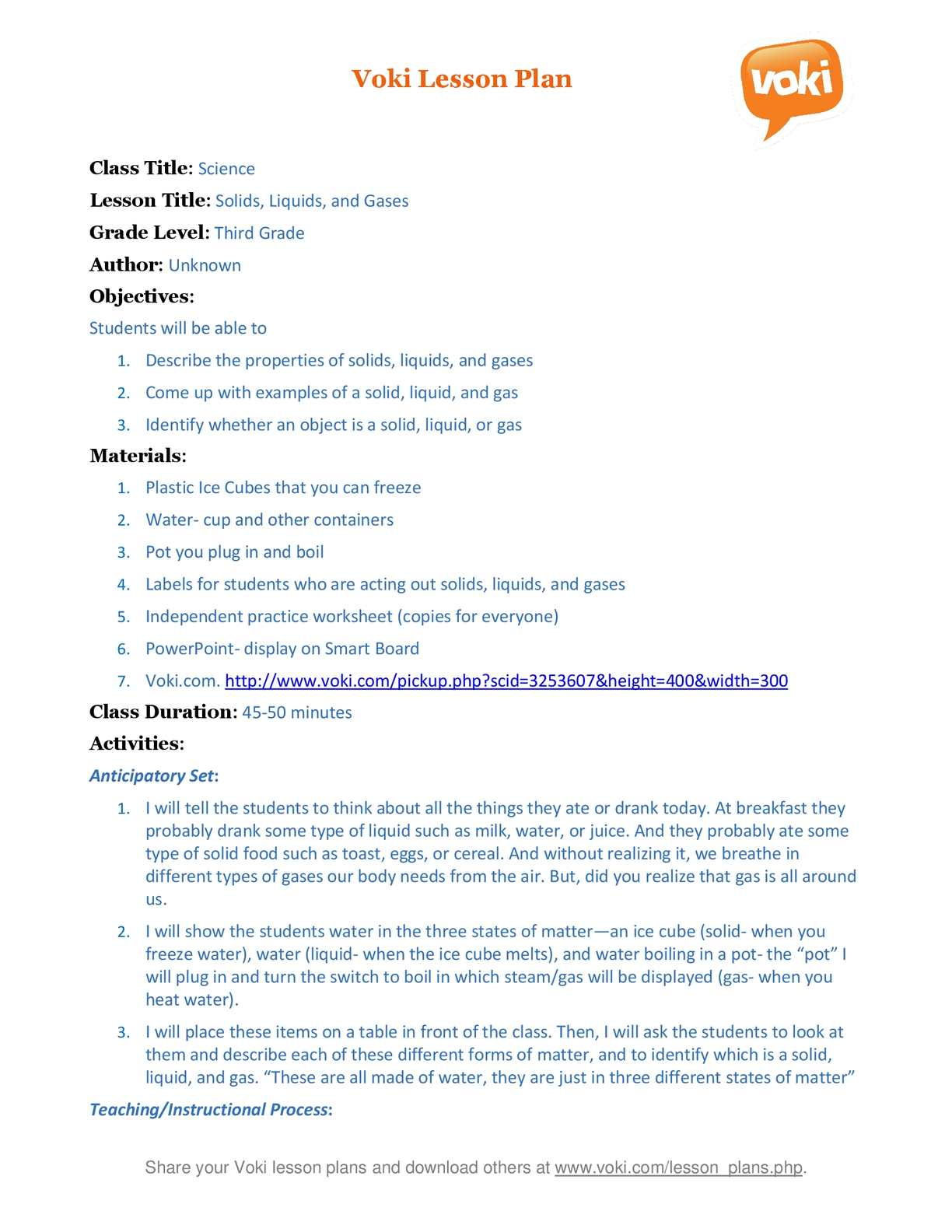 Calaméo - A Voki Lesson Plan Solid Liquid Gas (3Rd Grade