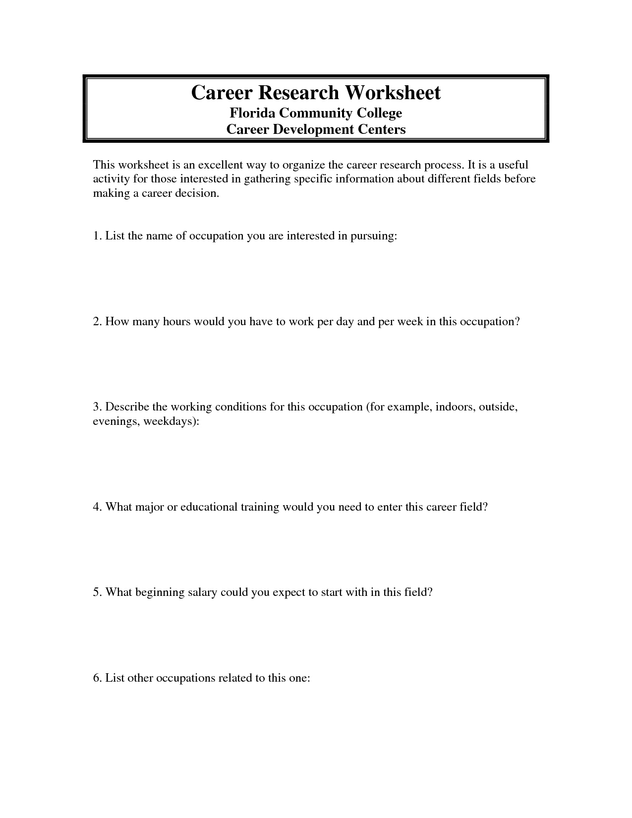 Career Plan Worksheet | Career Research Worksheet Career