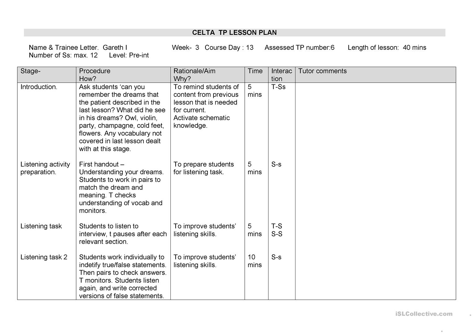 Celta Course Above Standard Lesson Plan - English Esl