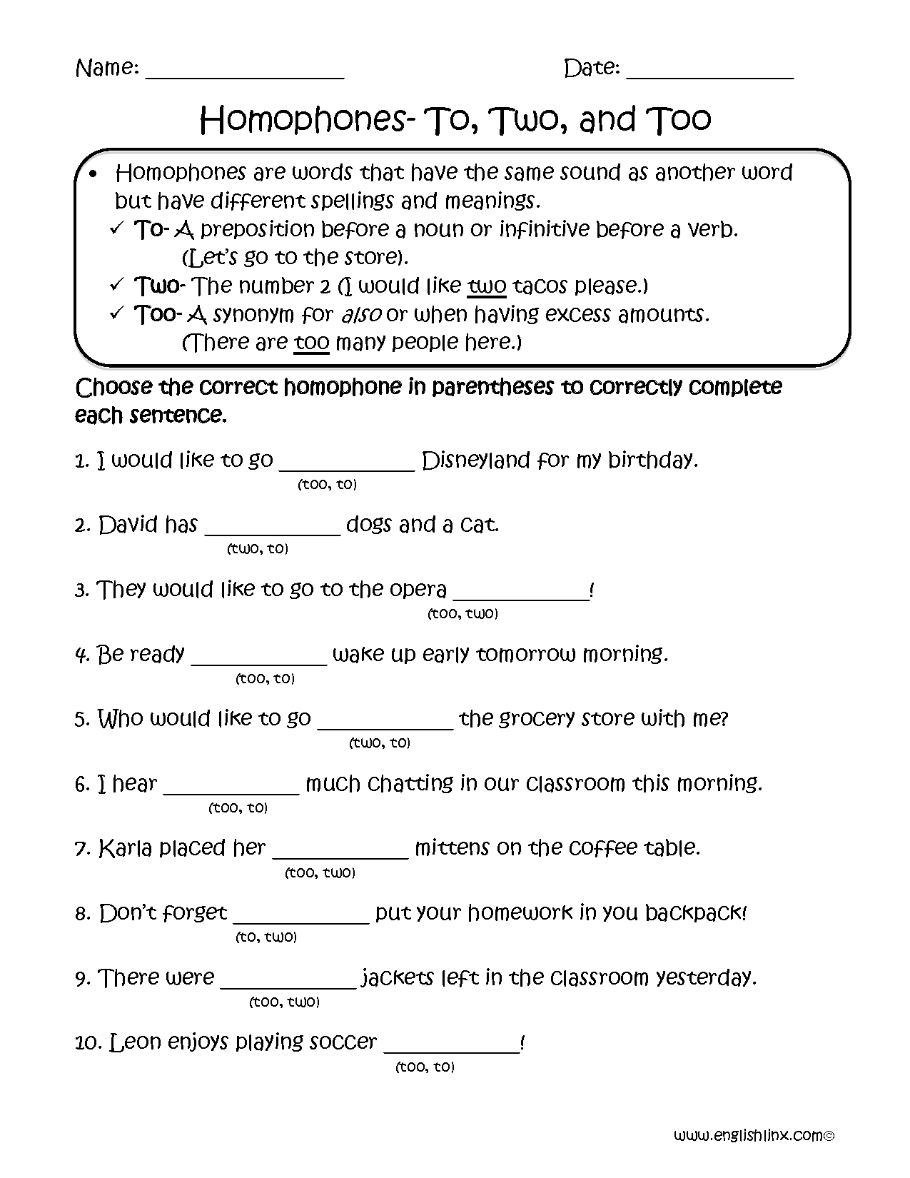 Choosing To, Two, Too Homophones Worksheets | Homophones