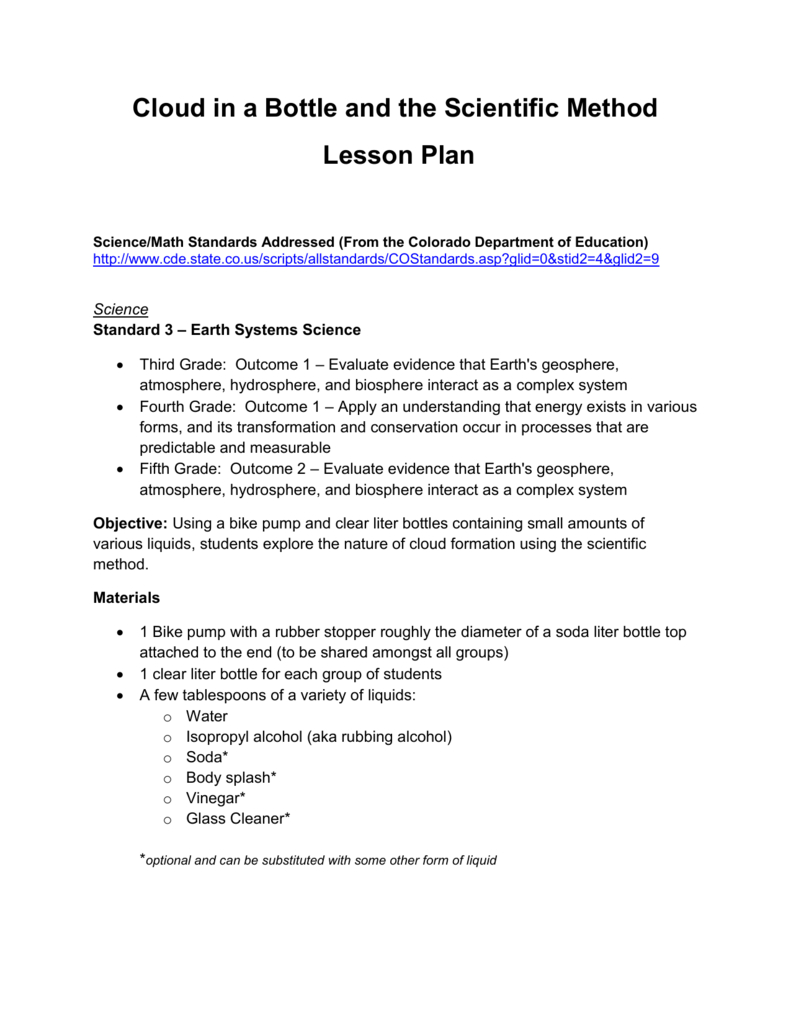 Cloud In A Bottle And The Scientific Method Lesson Plan